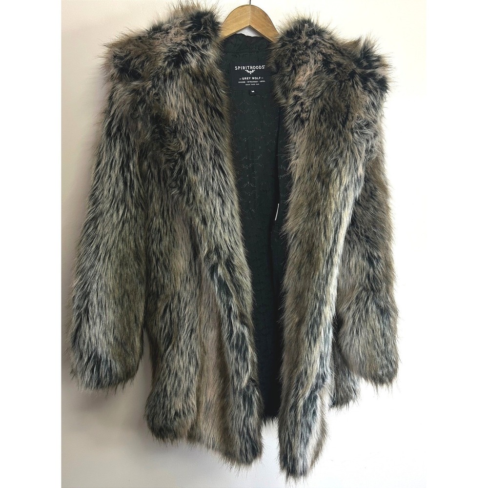 NWT Spirithoods Festival Grey Wolf Faux Fur Hooded Coat Size M Brown Grey